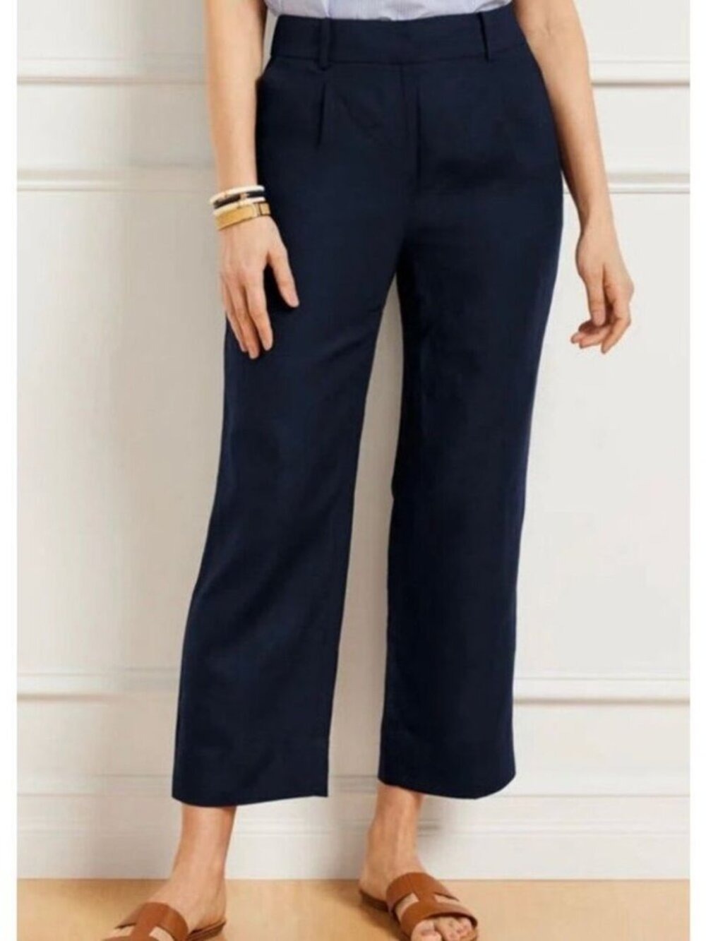 Talbots Bristol Crop Pants 100% Linen Navy Wide Leg Crop Length Women's Size 6